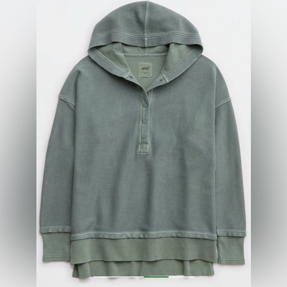 Aerie Textured Henley Hoodie in sage green size medium